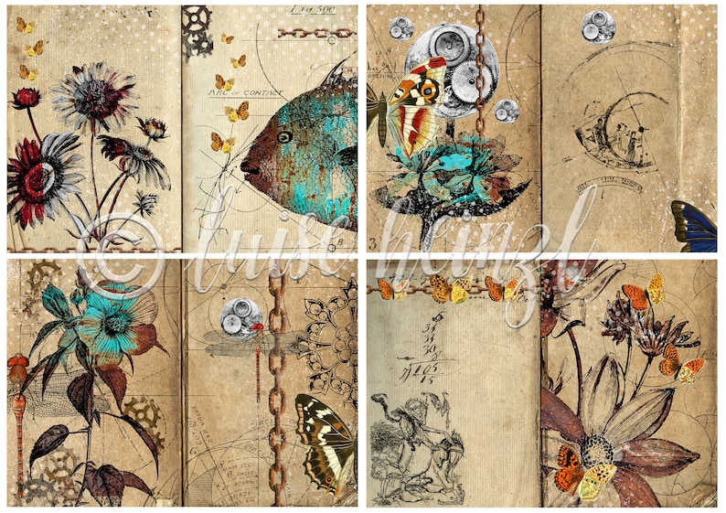 May include: A collage of six digital art images featuring a steampunk aesthetic. The images include a blue fish, a butterfly, a dragonfly, a flower, and a chain. The images are set against a background of old paper with handwritten notes and drawings.