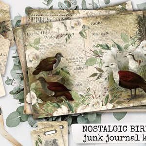 NOSTALGICZNE PTAKI Vintage ptaki zestaw dziennika śmieciowego papieru do pobrania zestaw papieru zeszyty, notatnik, papier rzemieślniczy do dzienników śmieciowych 21x29,7