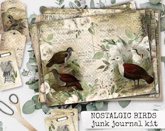 AVES NOSTÁLGICAS vintage Birds Junk Journal Kit Descargar Paper Set Notebooks, Scrapbook, Craft Paper for Junk Journals 21x29,7