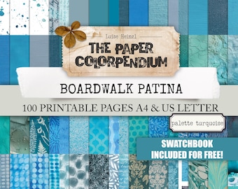 May include: A collection of blue and turquoise patterned paper sheets. The image features the text "THE PAPER COLORPENDIUM BOARDWALK PATINA" and "100 PRINTABLE PAGES A4 & US LETTER". A swatchbook is included for free.
