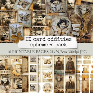 ID-KAART ODDITIES Ephemera Pack, leuke vintage collageafbeeldingen om uit te knippen voor junk journal, plakboek, notitieboekjes en kaarten