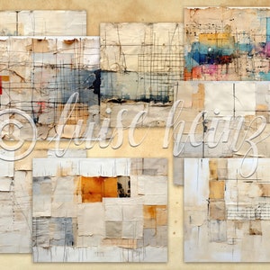 May include: A collage of abstract art featuring various shades of brown, beige, and white. The artwork is made up of different textures and patterns, including grid lines, torn paper, and paint splatters. The artwork is signed "luise heinz" in the center.