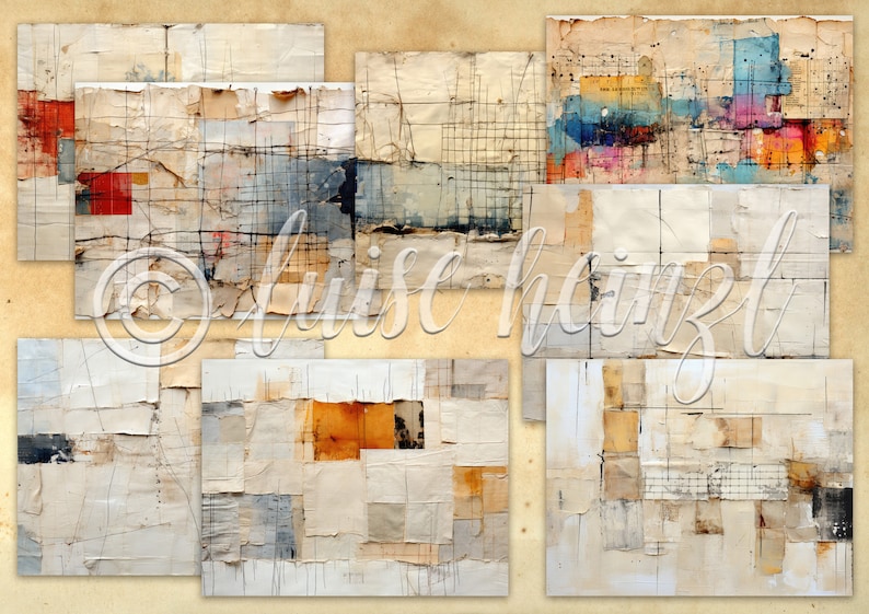 May include: A collage of abstract art featuring various shades of brown, beige, and white. The artwork is made up of different textures and patterns, including grid lines, torn paper, and paint splatters. The artwork is signed "luise heinz" in the center.