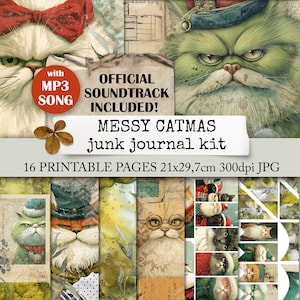 Könnte beinhalten: Digitales Junk-Journal-Kit "Messy Catmas" mit Katzenillustrationen auf Vintage-Hintergründen. Enthält 16 bedruckbare Seiten, je 21x29,7 cm, und einen offiziellen Soundtrack. Das Bild zeigt eine weiße Katze mit roter Schleife.