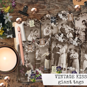 VINTAGE KISS tags vintage tags, vintage love journaling spot, instant download collage, ephemera junk journaling & scrapbooking  8,5x11