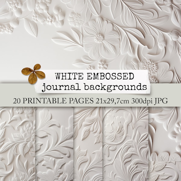 WHITE EMBOSSED junk journal backgrounds, embossed neutral white elegant background paper for junk journals, collage sheets 21x29,7