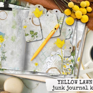 YELLOW LAWN botanische junk journal kit, geel weide papier, digitaal papier tijdschrift Gluebook, scrapbook collage papier voor kaarten 21x29,7