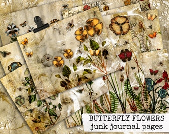 junk journal pages butterfly flowers, junk journal kit, instant digital download collage sheets for junk journal, diary, notebook, scrapbook