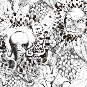 May include: Black and white illustration of an octopus with a large head and many tentacles. The octopus is surrounded by leaves and berries. A stylised face with large eyes and a frown is in the background.