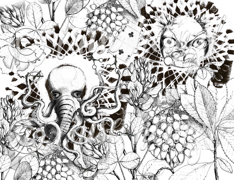 May include: Black and white illustration of an octopus with a large head and many tentacles. The octopus is surrounded by leaves and berries. A stylised face with large eyes and a frown is in the background.