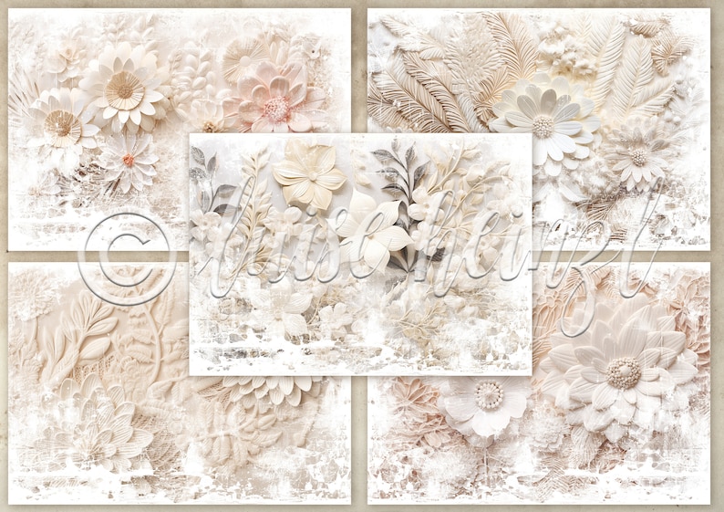 EMBROIDERY PAPER junk journal pages, embroidered paper flowers on fine crochet lace, background pages junk journals, collage sheets 21x29.7 image 2