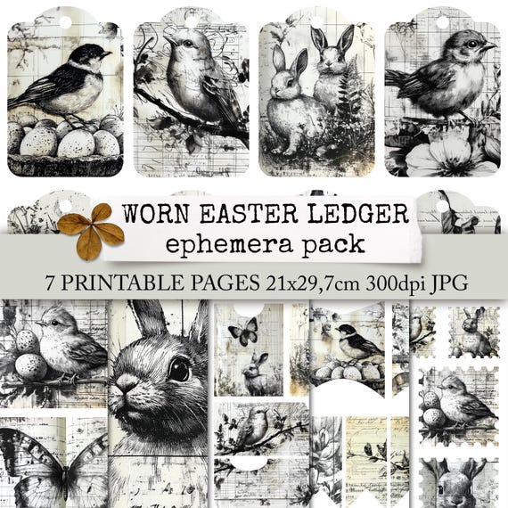 WORN EASTER LEDGER junk journal Ephemera, digitales Osterbuchpapier, Hasen, Küken, Vögel, Schmetterlinge & Blumen, Collagepapier, 21x29,7