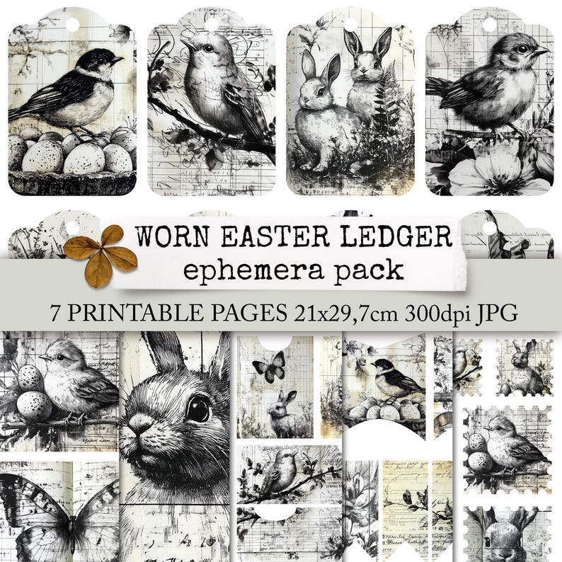 May include: A set of 7 printable pages of black and white illustrations featuring Easter themes. The illustrations include birds, bunnies, eggs, butterflies, and floral elements. The pages are 21x29.7 cm and 300dpi JPG.