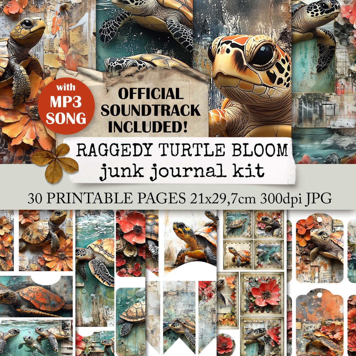 RAGGEDY TURTLE BLOOM Floral Junk Journal Kit, Printable Paper ...