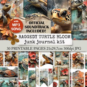 RAGGEDY TURTLE BLOOM Schildkröten & Blumen Junk Journal Kit, Papier Ephemera Download, Notizbücher, Tagebücher, Scrapbooks, Karten 21x29,7