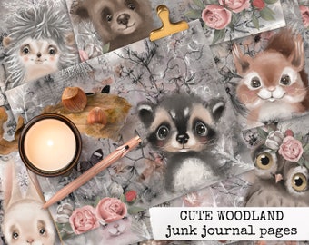 junk journal pages, cute woodland, woodland watercolor animals botanical eco dyed junk journal pages