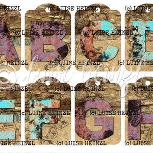 May include: Eight rustic wooden tags with metal eyelets, each featuring a different letter of the alphabet in a turquoise and rust color scheme. The letters are painted on a woodgrain background with a distressed look.