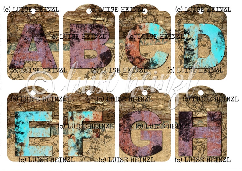 May include: Eight rustic wooden tags with metal eyelets, each featuring a different letter of the alphabet in a turquoise and rust color scheme. The letters are painted on a woodgrain background with a distressed look.
