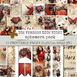 Puede incluir: Un collage digital de 13 páginas imprimibles con corazones rojos, una brújula, una mujer con un vestido rojo y el texto "ICH VERGESS DICH NICHT ephemera pack 13 PRINTABLE PAGES 21x29,7cm 300dpi JPG I liebe No. 4413 Herz No. 0705 gessen No. you".