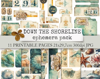 DOWN THE SHORELINE junk journal ephemera, printable paper download, shells, fish, star fish, beach, diary, scrapbook, card making 21x29,7