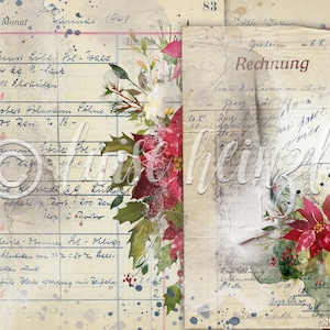 Op de afbeelding: Een vintage-achtige afbeelding met een vervaagde, handgeschreven factuur en een bloemstuk met rode kerststerren. De factuur is gedateerd 1948 en bevat handgeschreven tekst in het Duits. Het bloemstuk bevindt zich op de voorgrond en bevat groene bladeren en rode kerststerren.