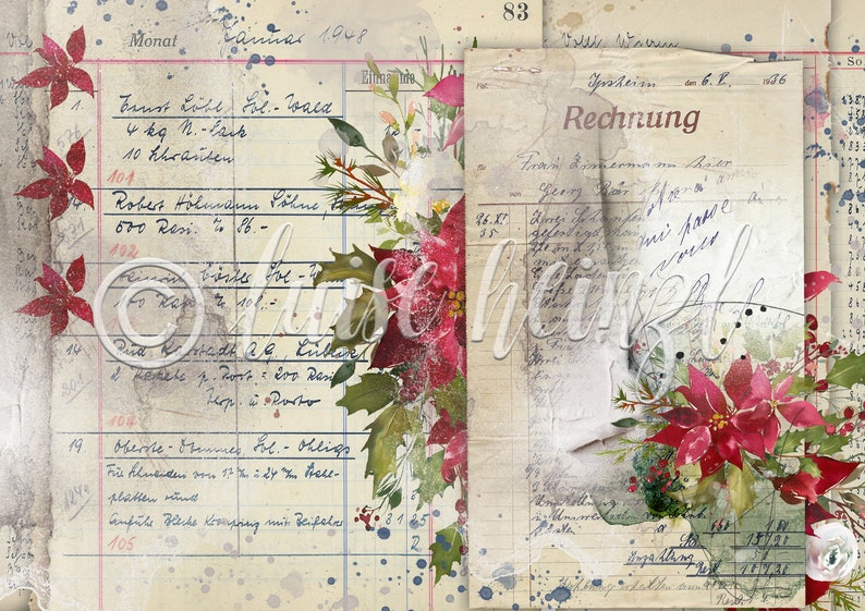 Op de afbeelding: Een vintage-achtige afbeelding met een vervaagde, handgeschreven factuur en een bloemstuk met rode kerststerren. De factuur is gedateerd 1948 en bevat handgeschreven tekst in het Duits. Het bloemstuk bevindt zich op de voorgrond en bevat groene bladeren en rode kerststerren.