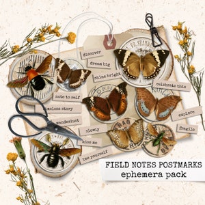 VELDNOTEN POSTMERKEN poststempel junk journal ephemera voor collages, digitale download junk journal, collage plakboek, notebook 21x29.7