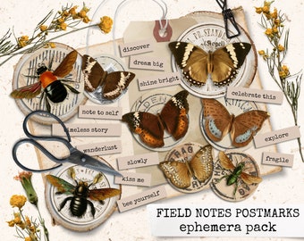 field notes postmarks junk journal ephemera pack, digital download to print & use for collage, scrapbook, bullet journals, paper crafting