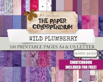 May include: A collection of 100 printable pages in various shades of purple, pink, and white. The pages feature watercolor textures, patterns, and splatters. The text on the image reads "THE PAPER COLORPENDIUM WILD PLUMBERRY" and "SWATCHBOOK INCLUDED FOR FREE!"