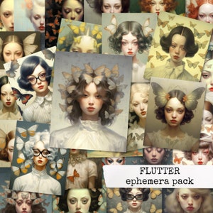 FLUTTER ephema pack, Frauen & Schmetterlinge junk journal ephemera, digitaler download junk journal, collage, scrapbook, notizbuch 21x29,7