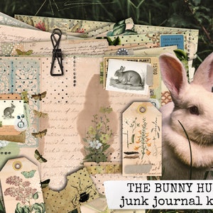 the bunny hug junk journal kit, digital printable junk journal, rabbit journal easter notebook, collage sheets for junk journal & scrapbook