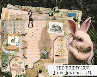 the bunny hug junk journal kit, digital printable junk journal, rabbit journal easter notebook, collage sheets for junk journal & scrapbook