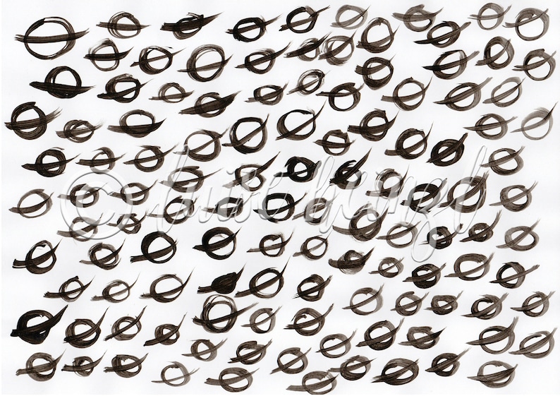 Op de afbeelding: Een witte achtergrond met een patroon van zwarte cirkels en ovalen. De cirkels en ovalen zijn getekend met een dikke zwarte lijn.