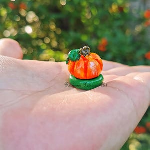 May include: A small orange pumpkin with green leaves and a brown stem, sitting on a green base. The pumpkin is held in a hand, with the text "Ramona Petrescu Art" visible.