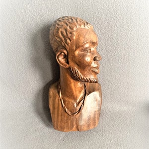 Large African bust wooden hand carved statue of an African male
