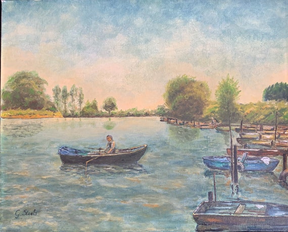 Landscape Oil Painting With Small Fishing Boat on a Lake -  Canada