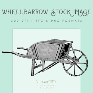 May include: Black and white illustration of a vintage wheelbarrow. The wheelbarrow has a wooden frame and a metal wheel. The wheelbarrow is empty.