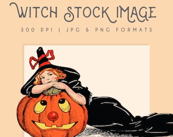 Halloween Witch & Pumpkin clipart image, Instant Download witch print, witch clip art commercial use graphic, home decor, scrapbook, junk