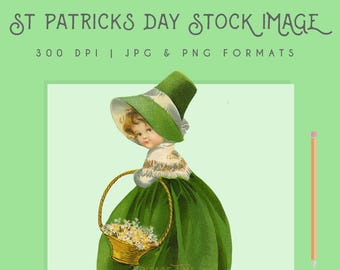 Vintage St Patrick's Day Girl Graphic Clip Art Stock Image llustration High Quality 300dpi Printable