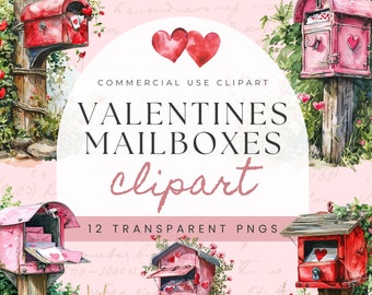May include: Twelve watercolor illustrations of pink and red mailboxes with hearts and flowers.  The mailboxes are on wooden posts and have a vintage look.  The text "VALENTINES MAILBOXES clipart" is in the center of the image.