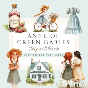 Op de afbeelding: Een digitaal clipart-pakket met illustraties van personages en objecten uit de klassieke roman "Anne of Green Gables". De illustraties zijn in aquarelstijl en bevatten een meisje op een fiets, een huis, een fles frambozencordial en twee meisjes die samen lopen.