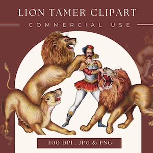 Vintage Lion Tamer Circus Ilustración Clip Art imagen 300dpi Arte imprimible Descarga digital Ilustración para logotipos, Invitación, Arte de pared