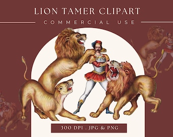 Vintage Lion Tamer Circus Illustration Clip Art image 300dpi Printable Art Digital Download Illustration for Logos, Invite, Wall Art