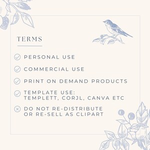 May include: A list of terms and conditions for using a digital product. The terms include personal use, commercial use, print on demand products, template use, and a prohibition against re-distribution or re-selling as clipart.