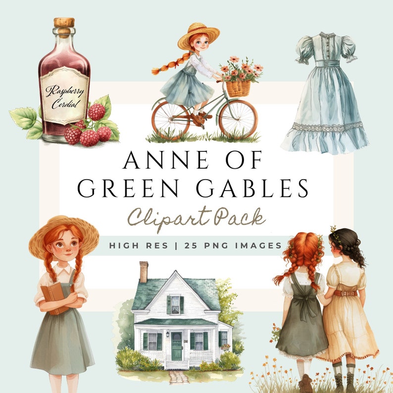 Op de afbeelding: Een digitaal clipart-pakket met illustraties van personages en objecten uit de klassieke roman "Anne of Green Gables". De illustraties zijn in aquarelstijl en bevatten een meisje op een fiets, een huis, een fles frambozencordial en twee meisjes die samen lopen.