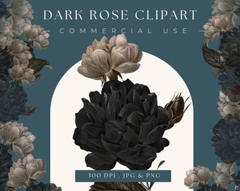 Clipart black rose image, digital clipart, digital download, scrapbooking, printable home decor, black & white rose, gothic