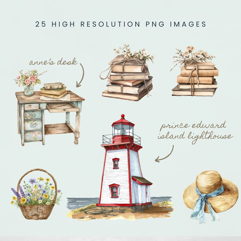 Op de afbeelding: Een set van 25 aquarel illustraties met verschillende objecten, waaronder een vintage bureau, een vuurtoren, een mand met bloemen, een stapel boeken en een strohoed. De illustraties zijn in een zachte, gedempte kleurenpalet en hebben een vintage uitstraling.