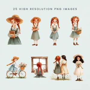 Op de afbeelding: Een set van 10 digitale illustraties met een roodharig meisje in verschillende poses en settings. Het meisje draagt een blauwe jurk en heeft een rode strik in haar haar. De illustraties zijn in cartoon-stijl en perfect voor gebruik in digitaal scrapbooking, kaart maken en andere creatieve projecten.
