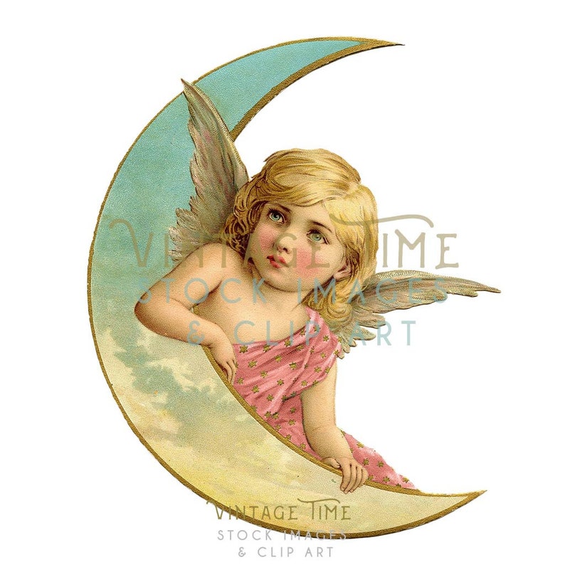 K&ouml;nnte beinhalten: Eine Vintage-Illustration eines Cherub-Engels mit blonden Haaren und Fl&uuml;geln, der auf einem Halbmond mit blauem und goldenem Hintergrund sitzt.
