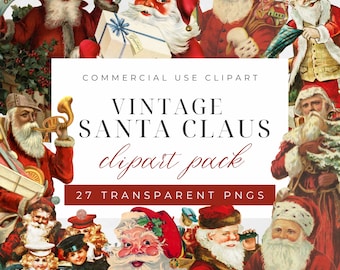 Puede incluir: Un paquete de clipart digital de 27 ilustraciones vintage de Papá Noel. Las ilustraciones son de estilo tradicional y presentan a Papá Noel en varias poses, incluyendo sosteniendo una bolsa de regalos, tocando la trompeta y sonriendo. Las ilustraciones son perfectas para agregar un toque festivo a tus proyectos navideños.
